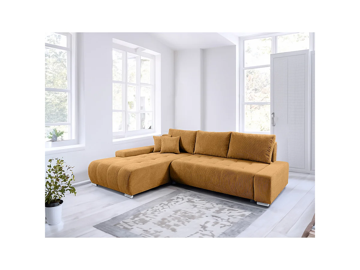 Canapé d'angle convertible gauche 4 places coffre Jonas velours côtelé Jaune