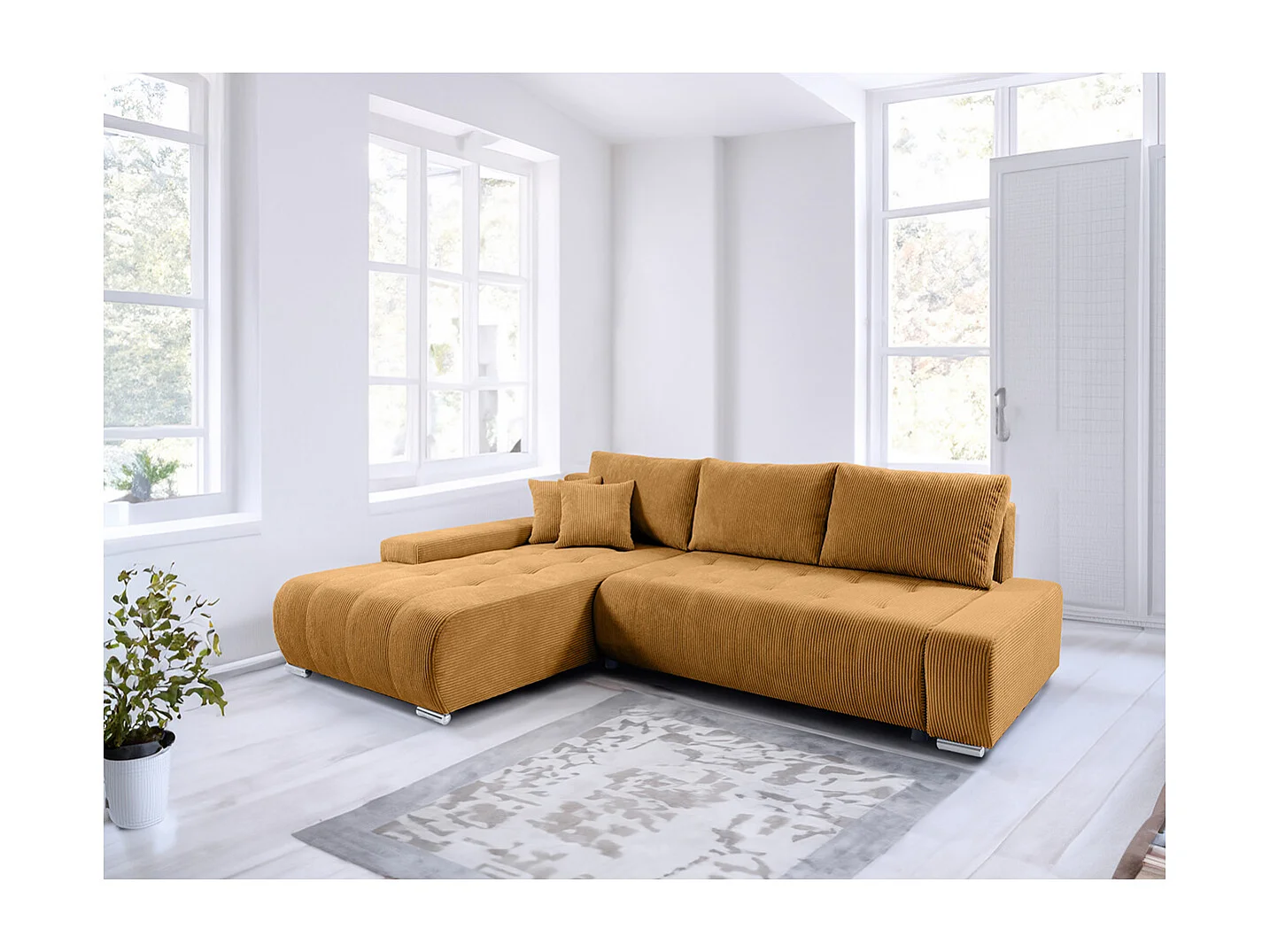 Canapé d'angle convertible gauche 4 places coffre Jonas velours côtelé Jaune