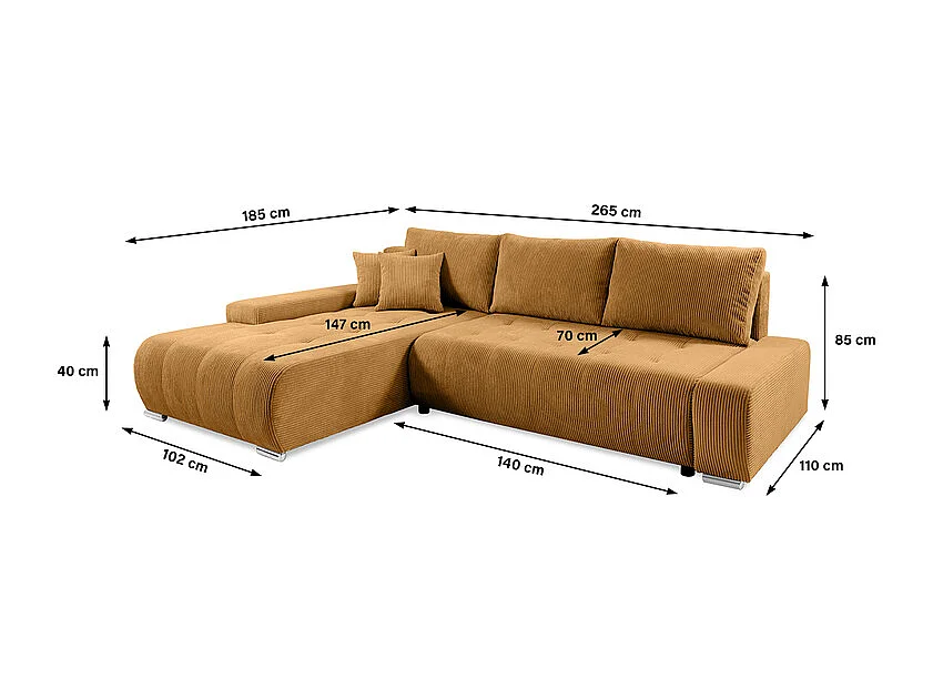 Canapé d'angle convertible gauche 4 places coffre Jonas velours côtelé Jaune