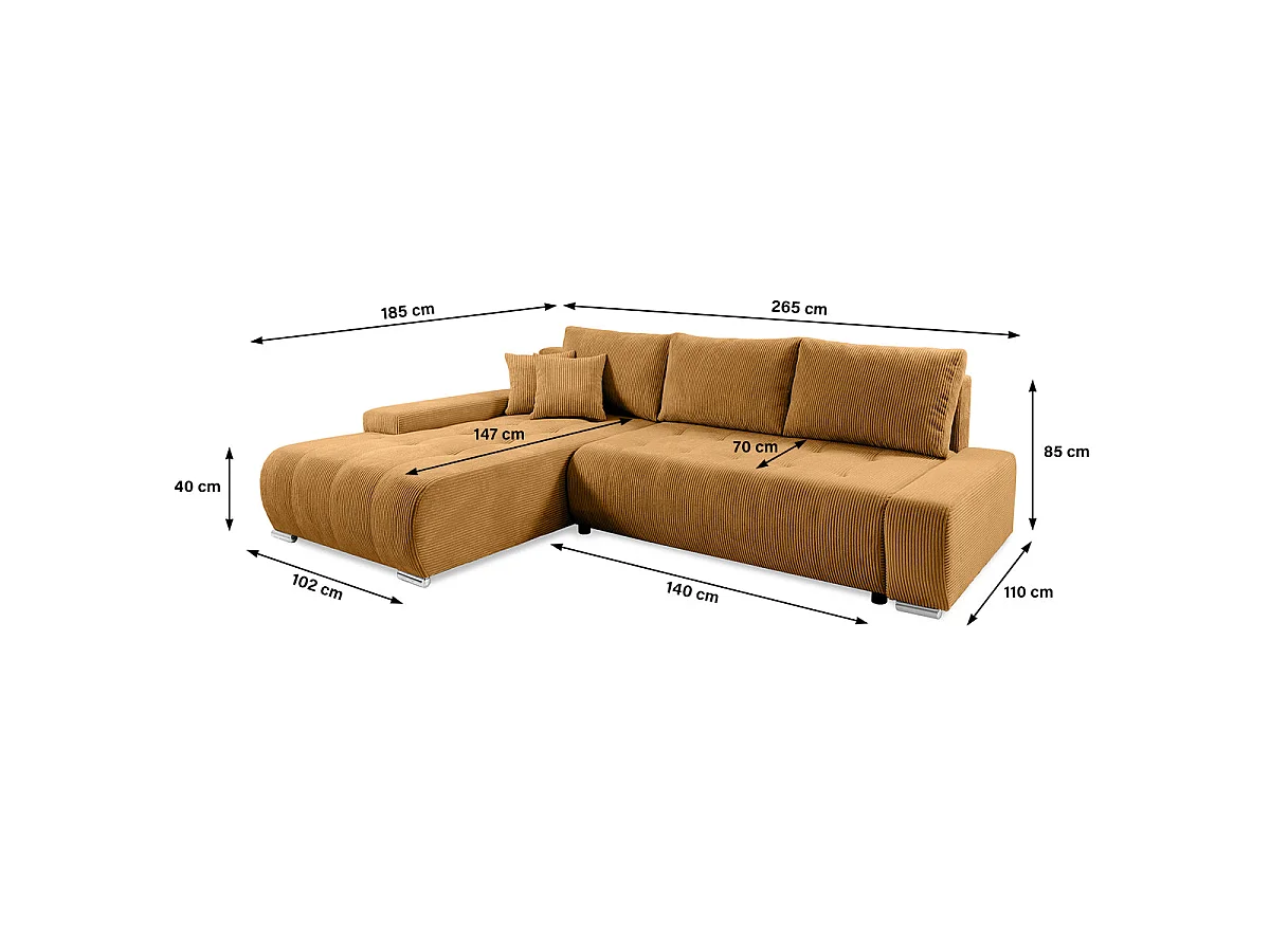 Canapé d'angle convertible 4 places avec coffre en velours jaune