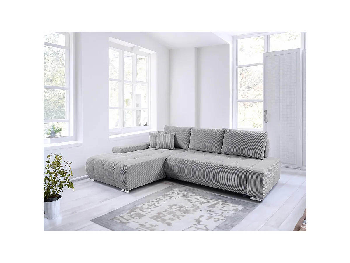 Canapé d'angle convertible gauche 4 places coffre Jonas velours côtelé Gris Clair