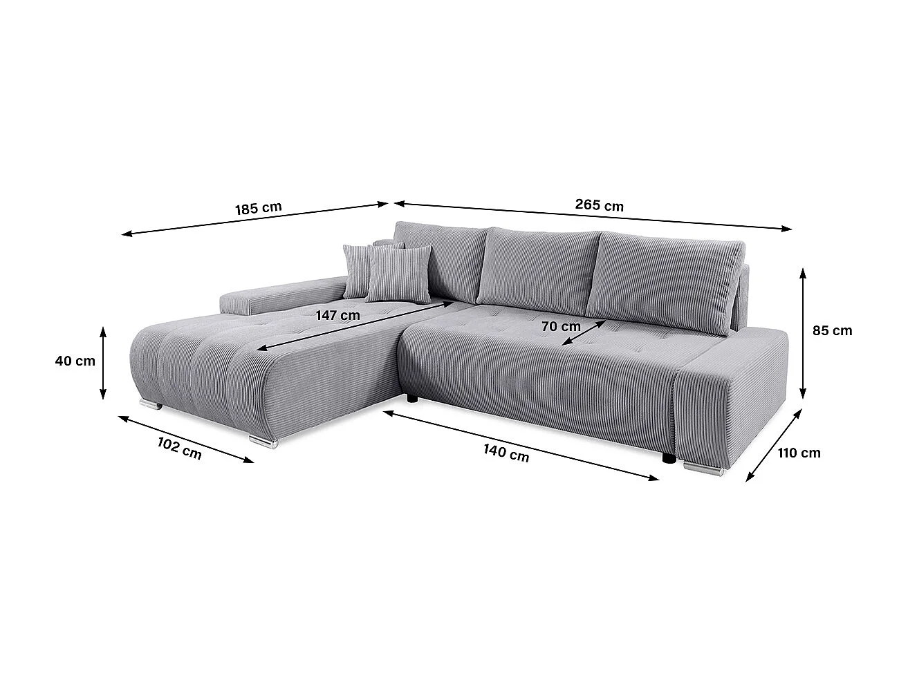 Canapé d'angle convertible gauche 4 places coffre Jonas velours côtelé Gris Clair
