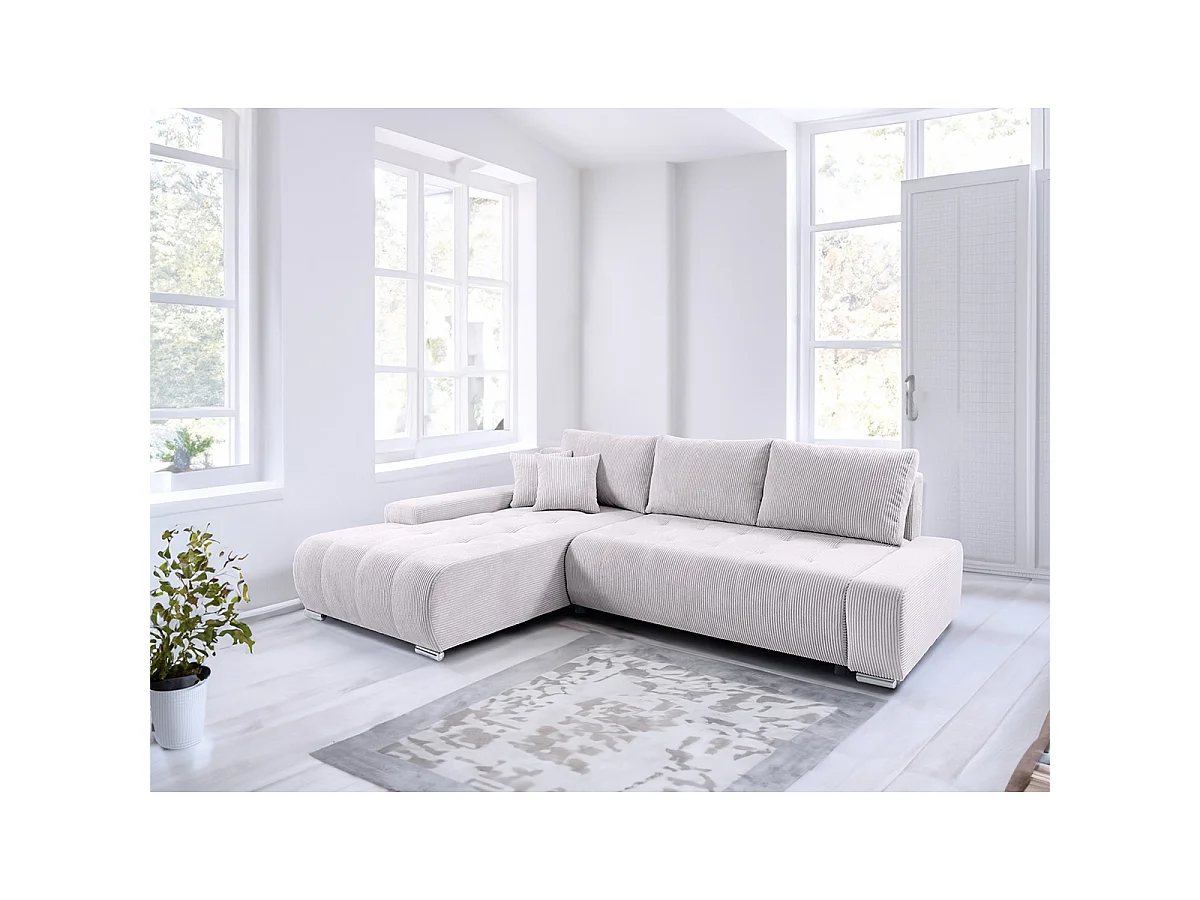 Canapé d'angle convertible gauche 4 places coffre Jonas velours côtelé Blanc Cassé
