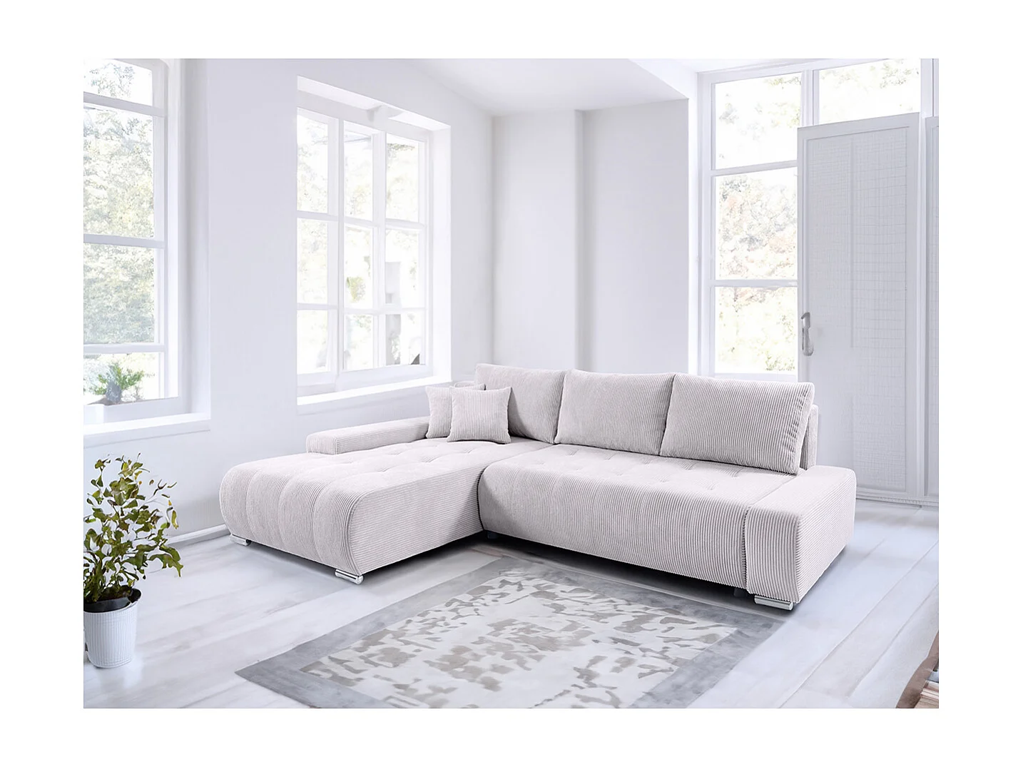 Canapé d'angle convertible gauche 4 places coffre Jonas velours côtelé Blanc Cassé