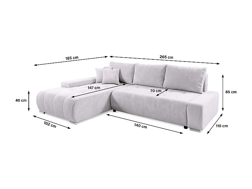 Canapé d'angle convertible gauche 4 places coffre Jonas velours côtelé Blanc Cassé