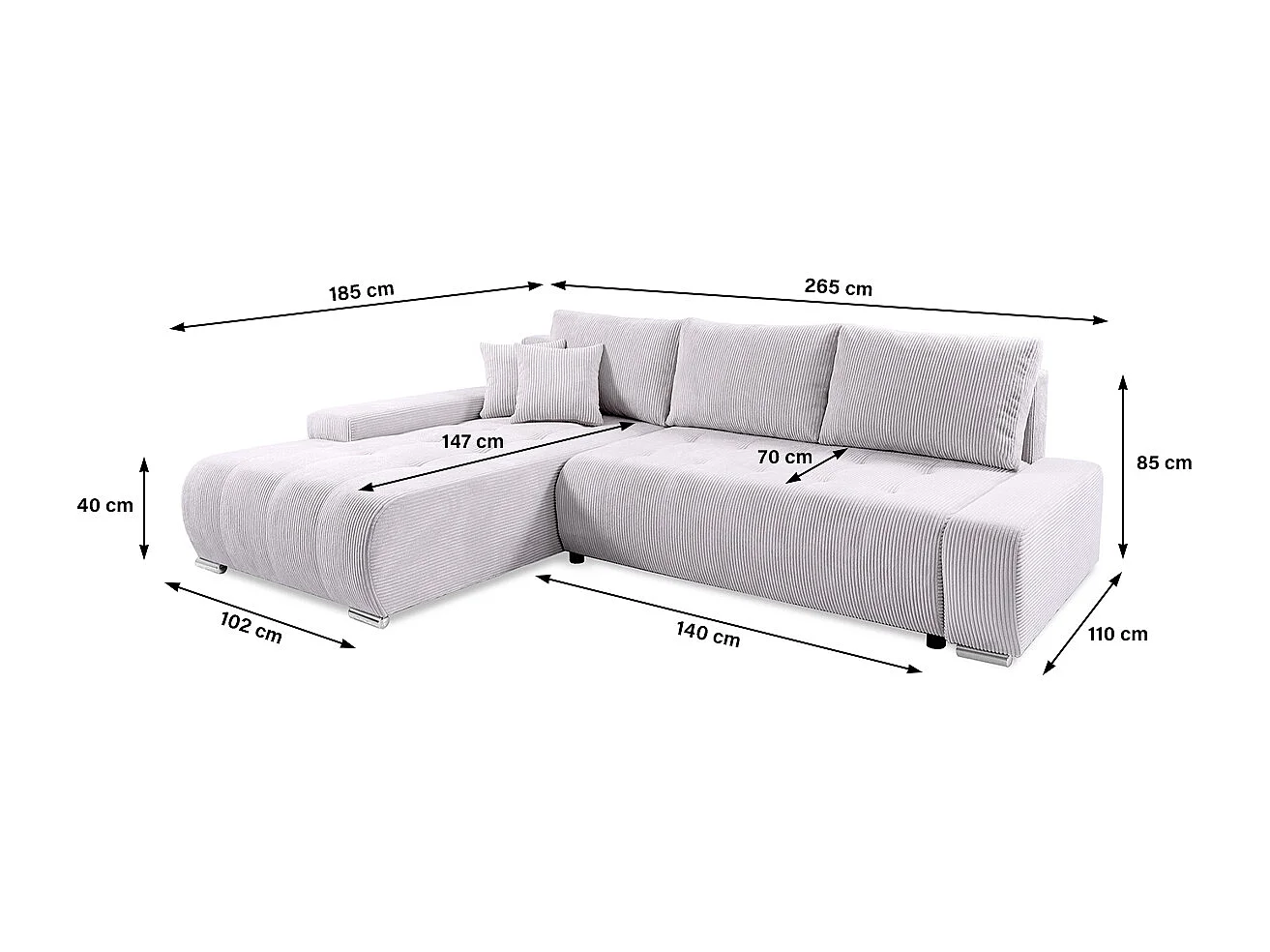 Canapé d'angle convertible gauche 4 places coffre Jonas velours côtelé Blanc Cassé