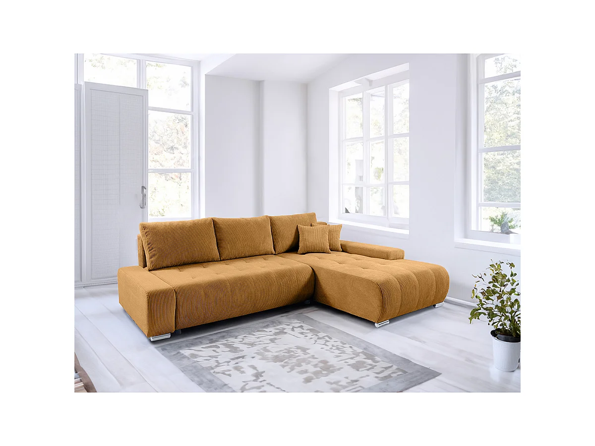 Canapé d'angle convertible droit 4 places coffre Jonas velours côtelé Jaune