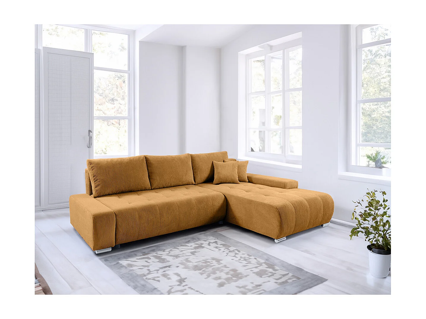 Canapé d'angle convertible droit 4 places coffre Jonas velours côtelé Jaune
