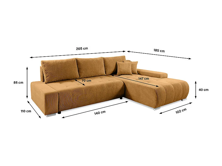 Canapé d'angle convertible droit 4 places coffre Jonas velours côtelé Jaune