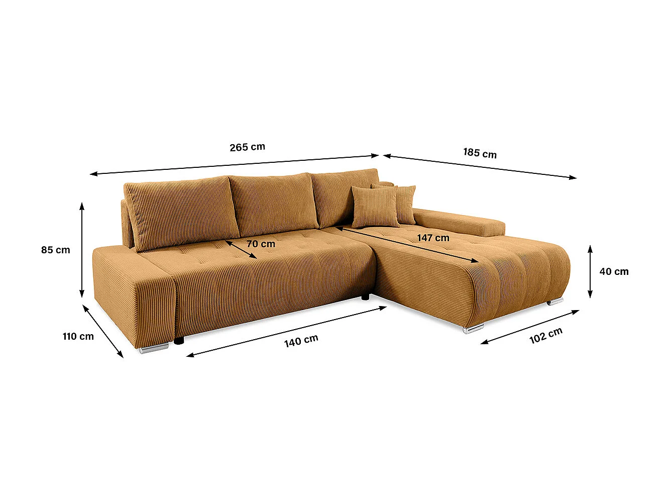 Canapé d'angle convertible droit 4 places coffre Jonas velours côtelé Jaune