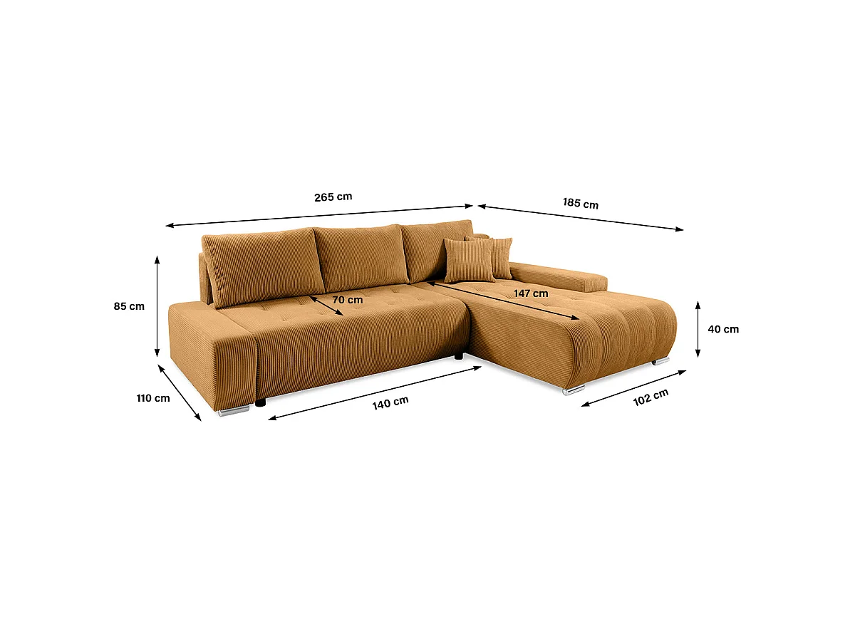 Canapé d'angle convertible 4 places avec coffre en velours jaune