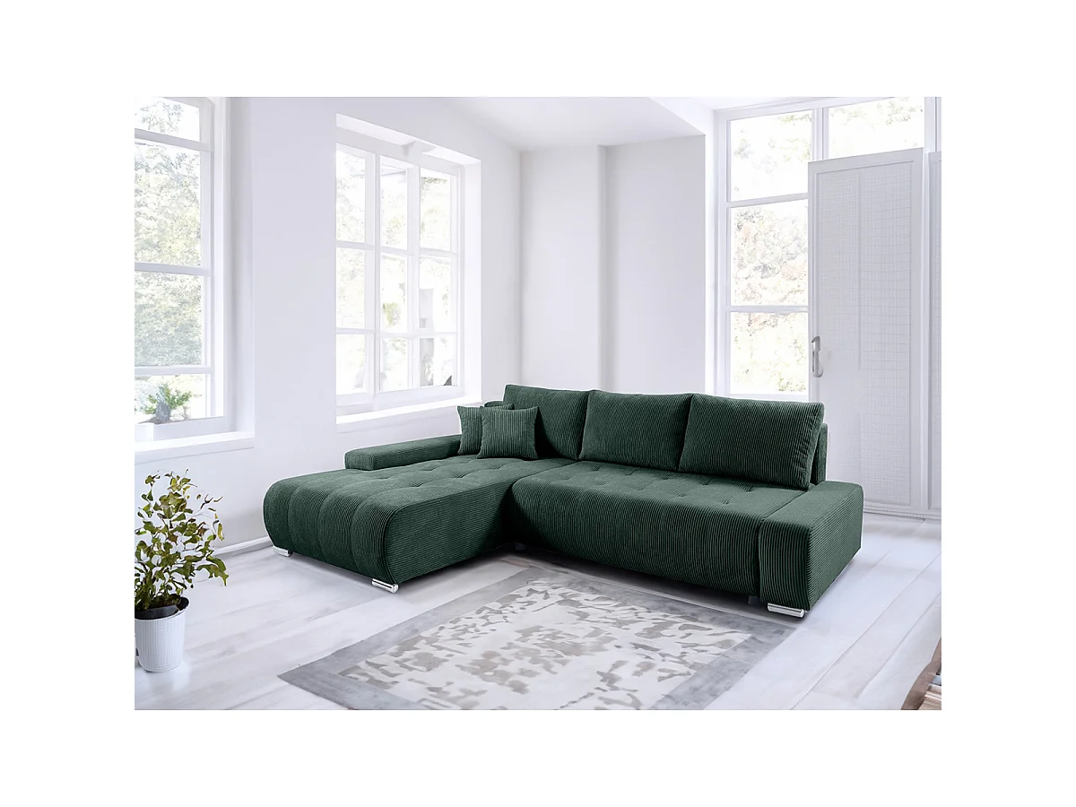 Canapé d'angle convertible gauche 4 places coffre Jonas velours côtelé Vert Sapin