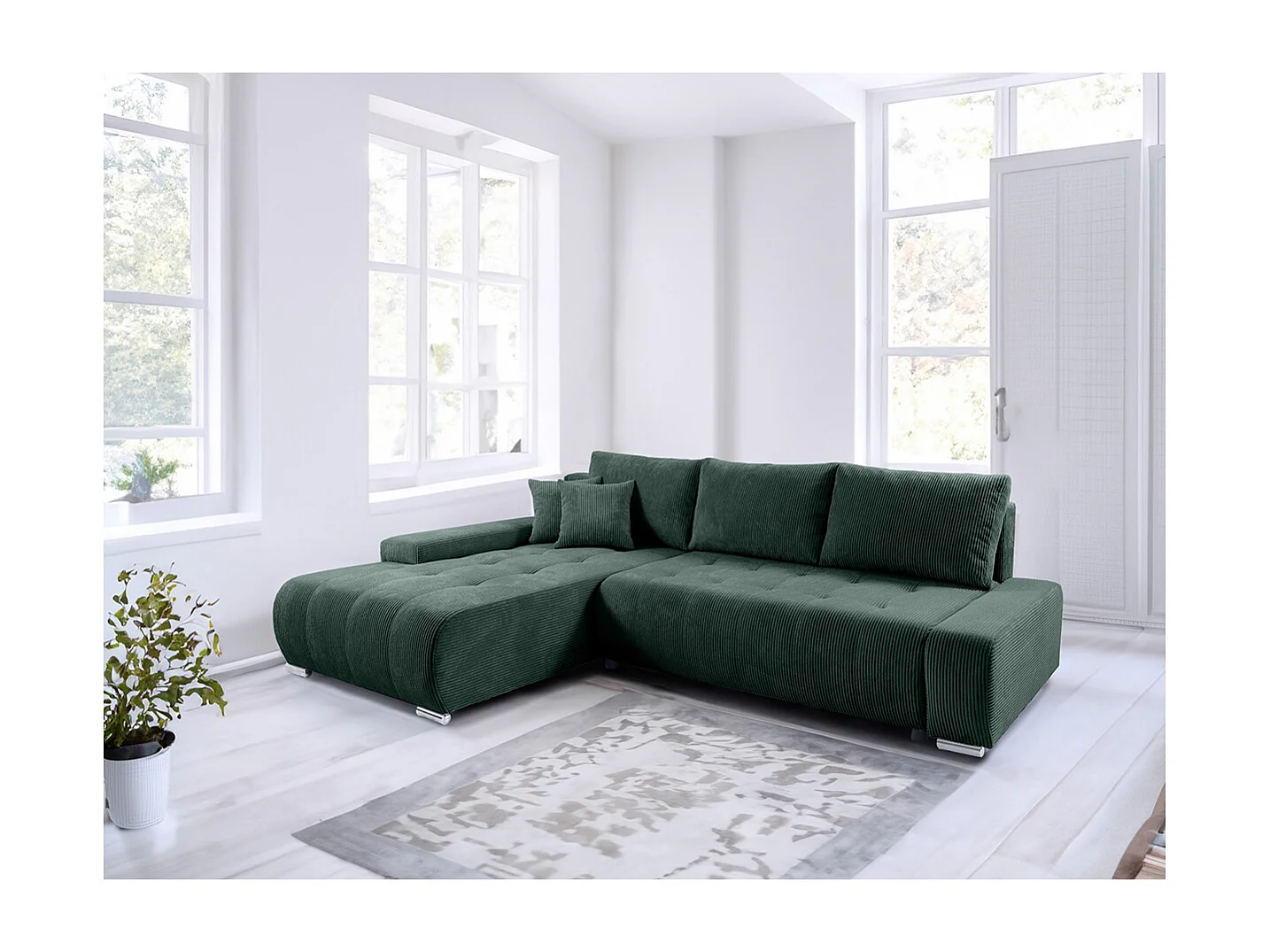 Canapé d'angle convertible gauche 4 places coffre Jonas velours côtelé Vert Sapin