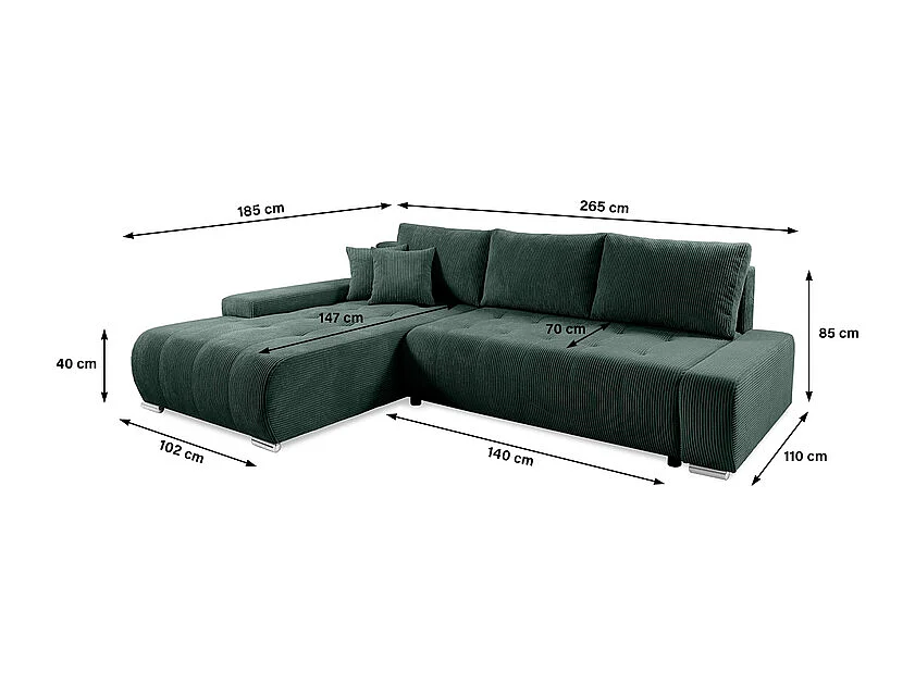 Canapé d'angle convertible gauche 4 places coffre Jonas velours côtelé Vert Sapin