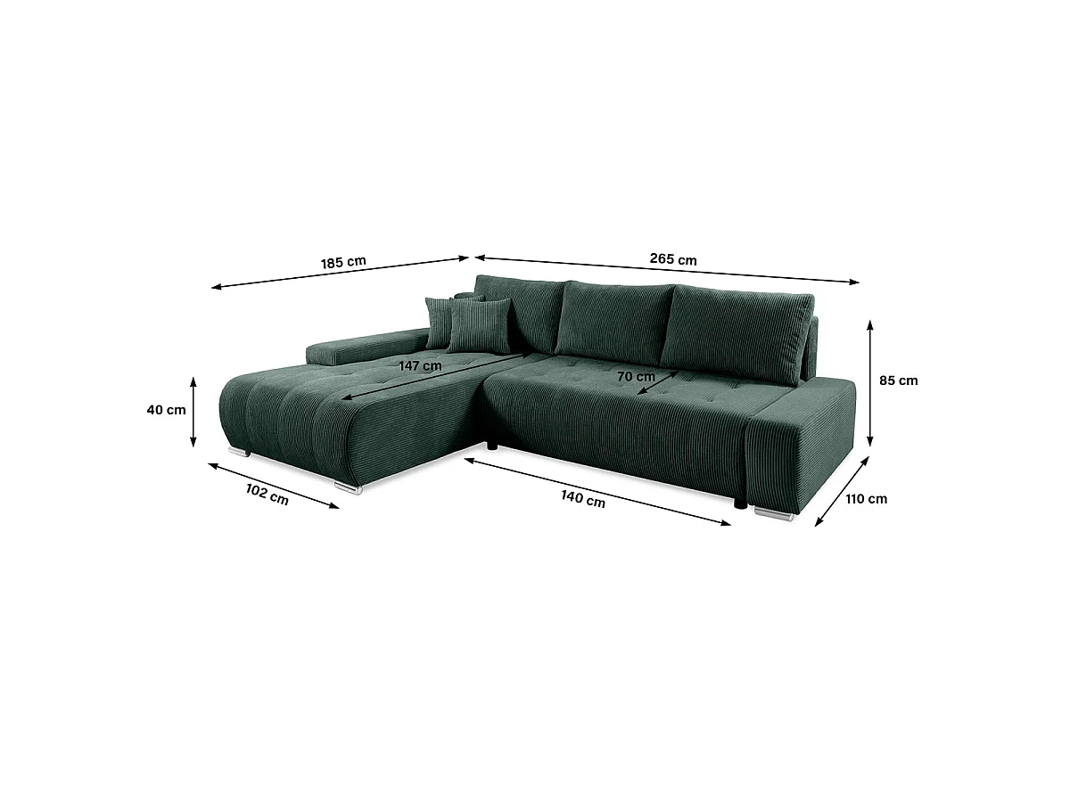 Canapé d'angle convertible 4 places avec coffre en velours vert