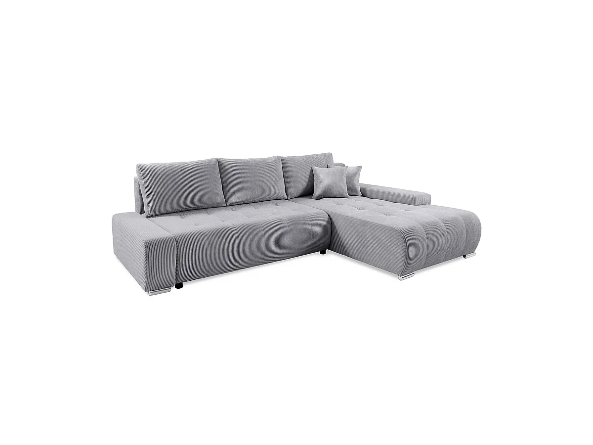 Canapé d'angle convertible droit 4 places coffre Jonas velours côtelé Gris Clair
