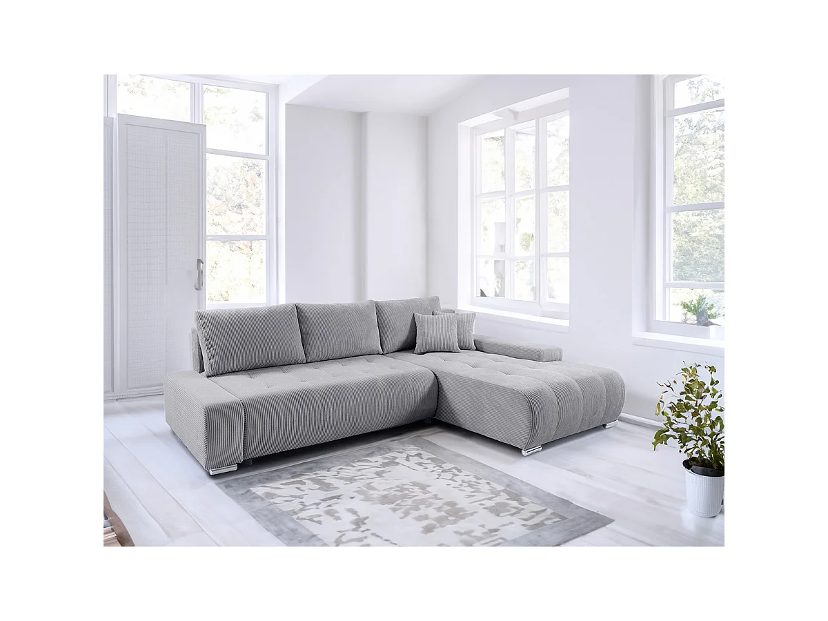Canapé d'angle convertible droit 4 places coffre Jonas velours côtelé Gris Clair