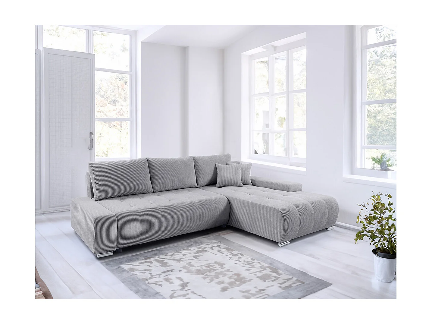 Canapé d'angle convertible droit 4 places coffre Jonas velours côtelé Gris Clair