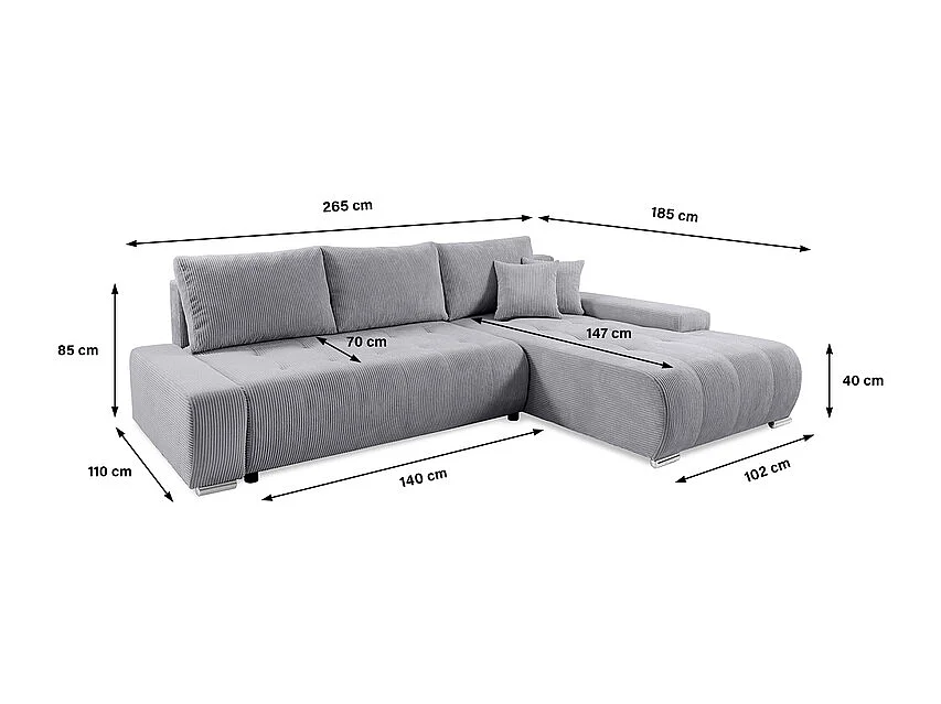 Canapé d'angle convertible droit 4 places coffre Jonas velours côtelé Gris Clair