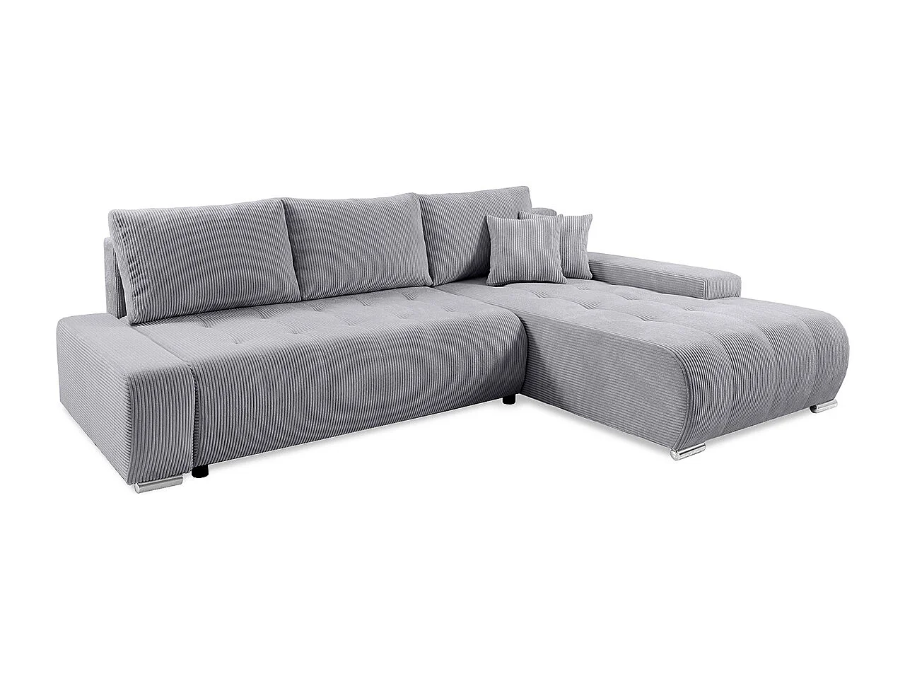Canapé d'angle convertible droit 4 places coffre Jonas velours côtelé Gris Clair