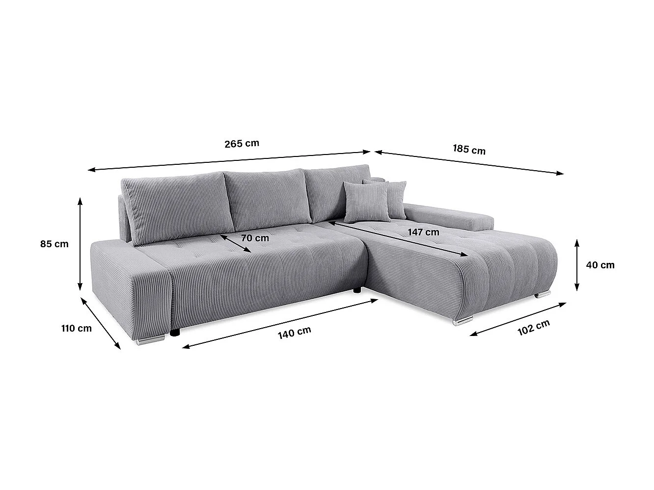 Canapé d'angle convertible droit 4 places coffre Jonas velours côtelé Gris Clair