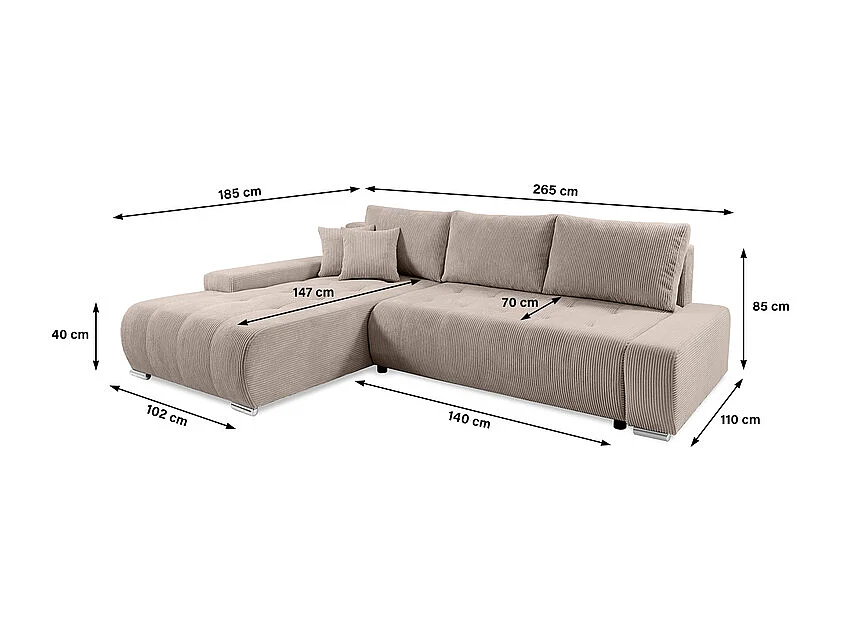 Canapé d'angle convertible gauche 4 places coffre Jonas velours côtelé Taupe