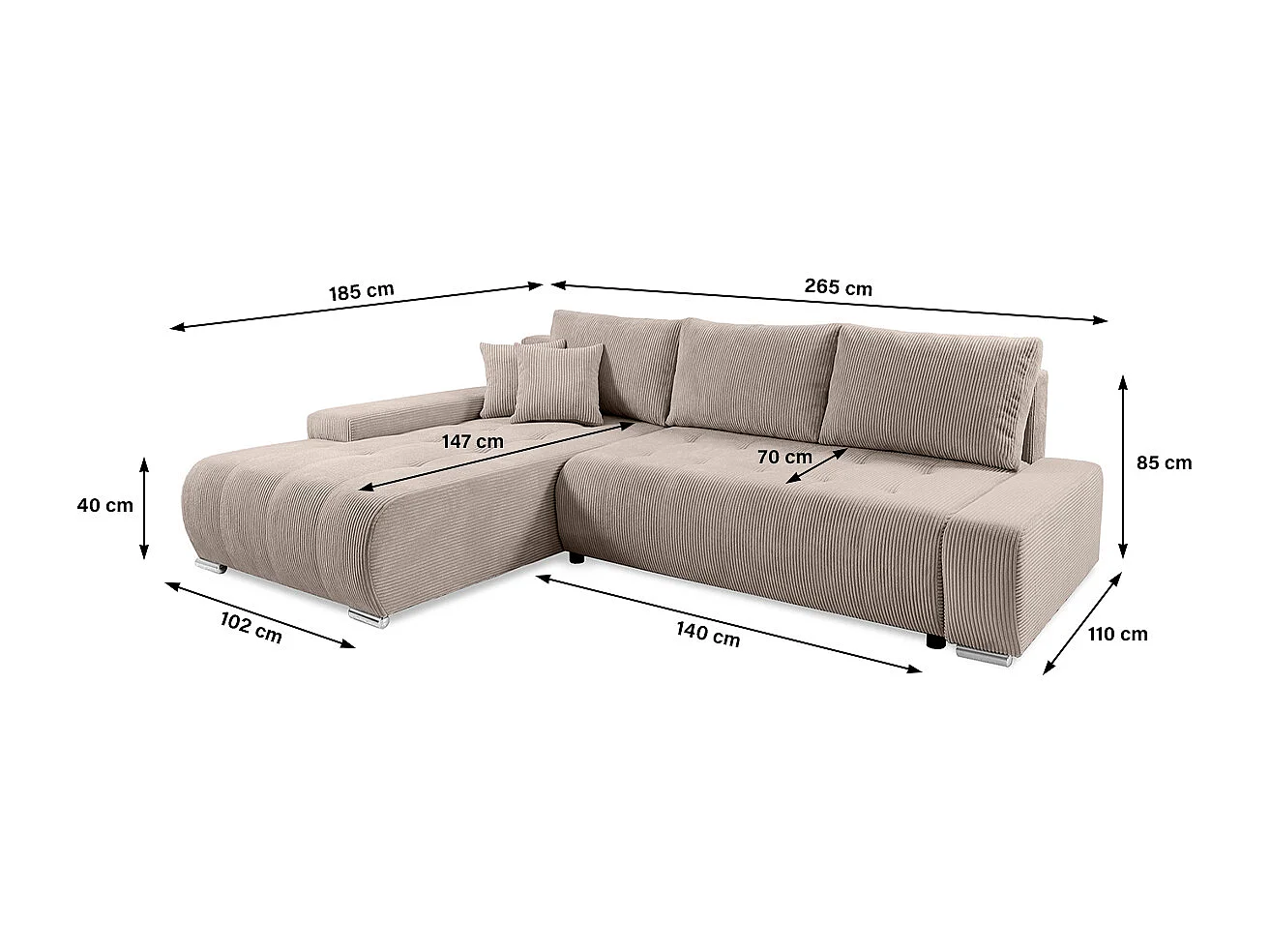 Canapé d'angle convertible gauche 4 places coffre Jonas velours côtelé Taupe