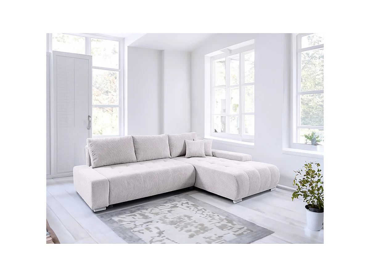 Canapé d'angle convertible droit 4 places coffre Jonas velours côtelé Blanc Cassé