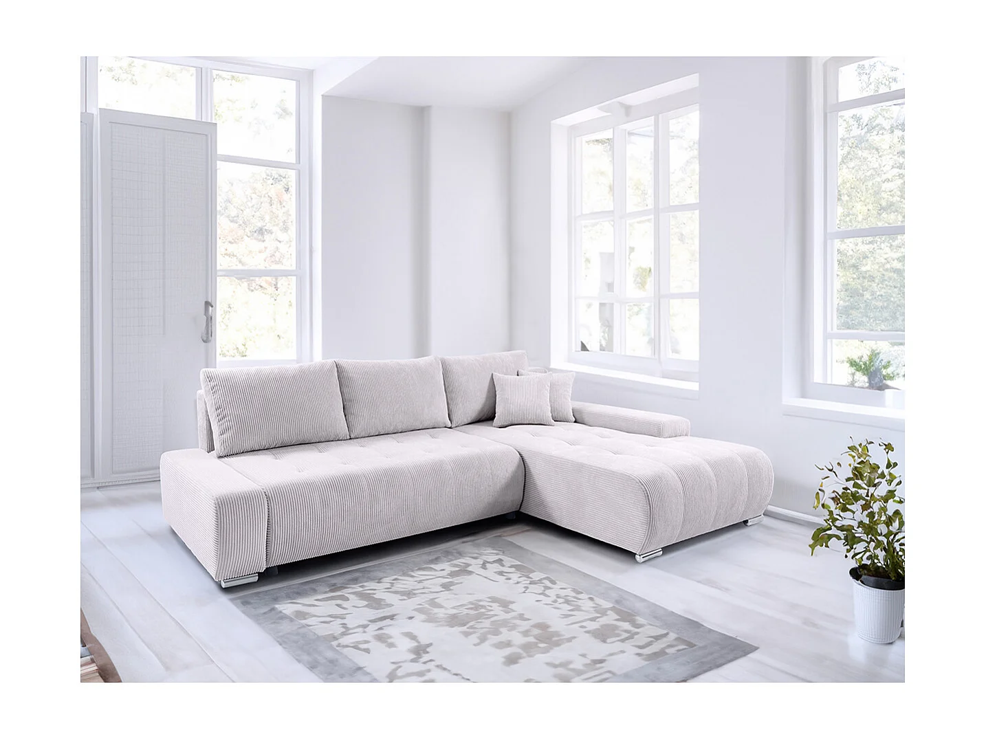 Canapé d'angle convertible droit 4 places coffre Jonas velours côtelé Blanc Cassé