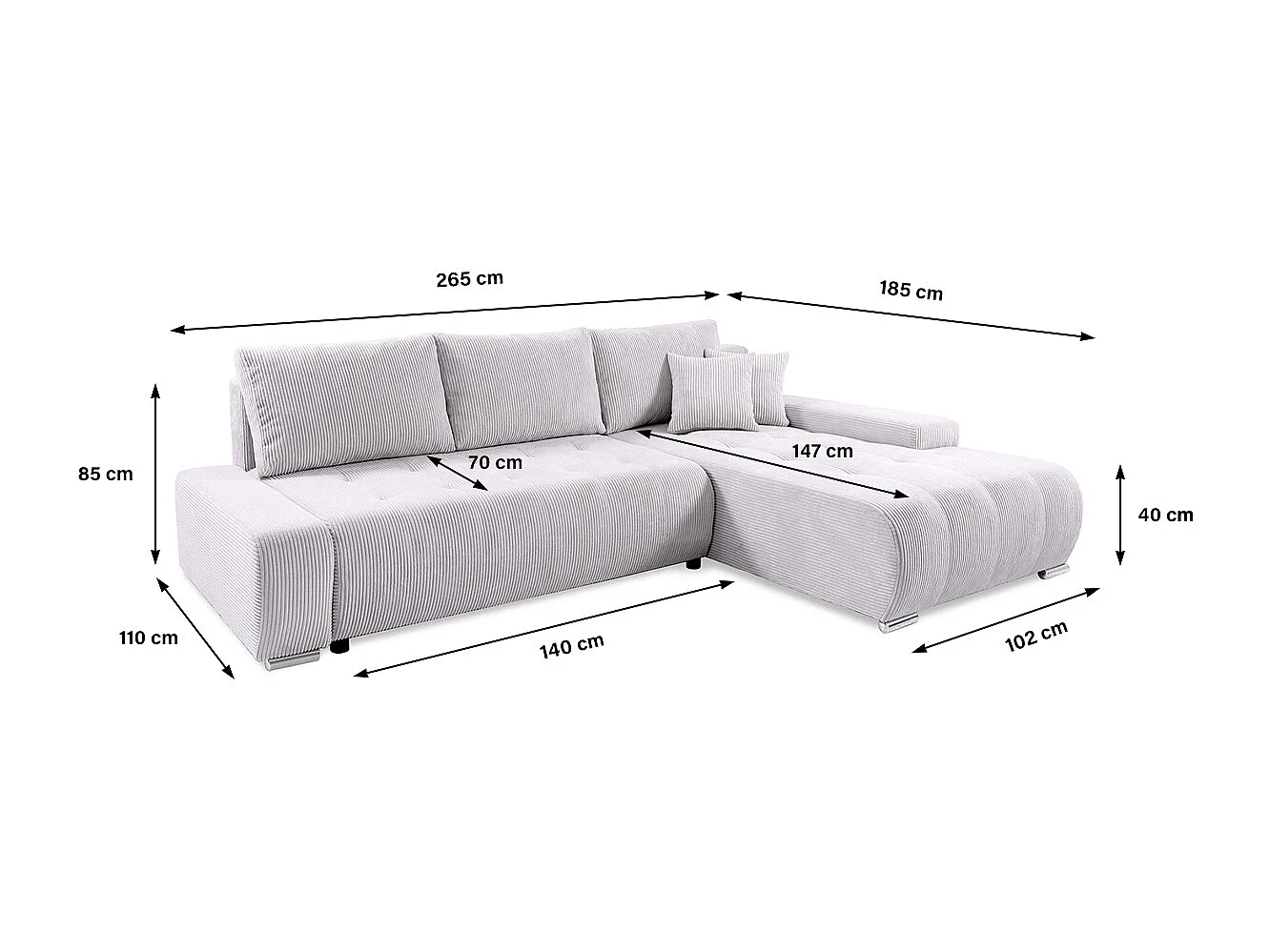 Canapé d'angle convertible droit 4 places coffre Jonas velours côtelé Blanc Cassé