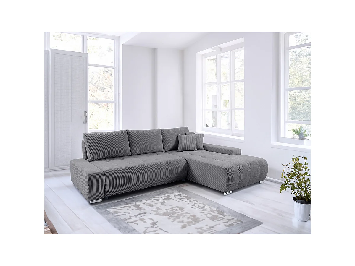 Canapé d'angle convertible droit 4 places coffre Jonas velours côtelé Gris