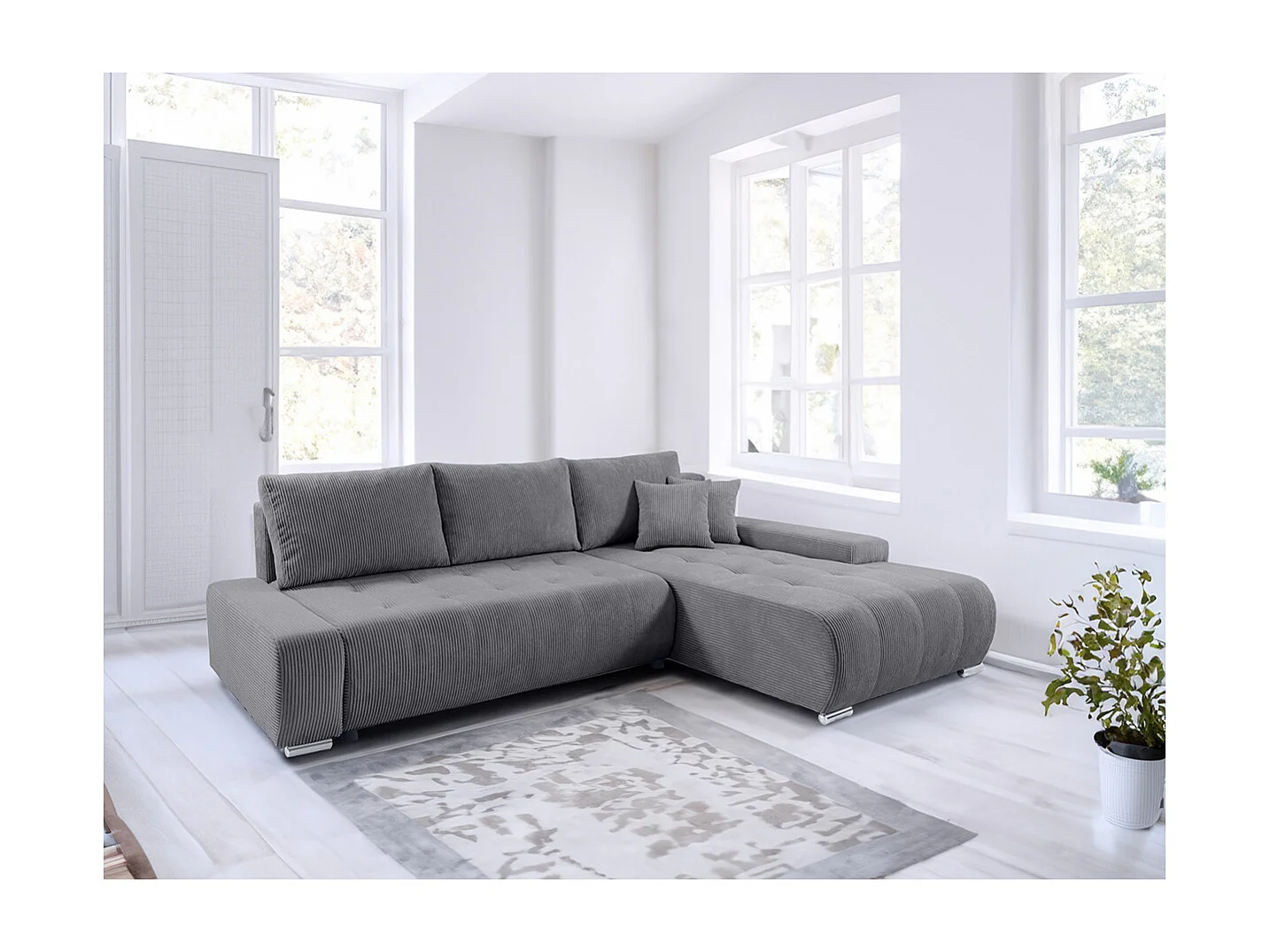 Canapé d'angle convertible droit 4 places coffre Jonas velours côtelé Gris