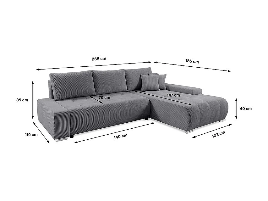 Canapé d'angle convertible droit 4 places coffre Jonas velours côtelé Gris