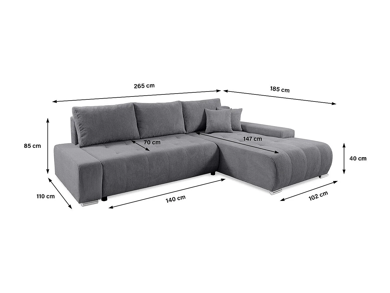 Canapé d'angle convertible droit 4 places coffre Jonas velours côtelé Gris