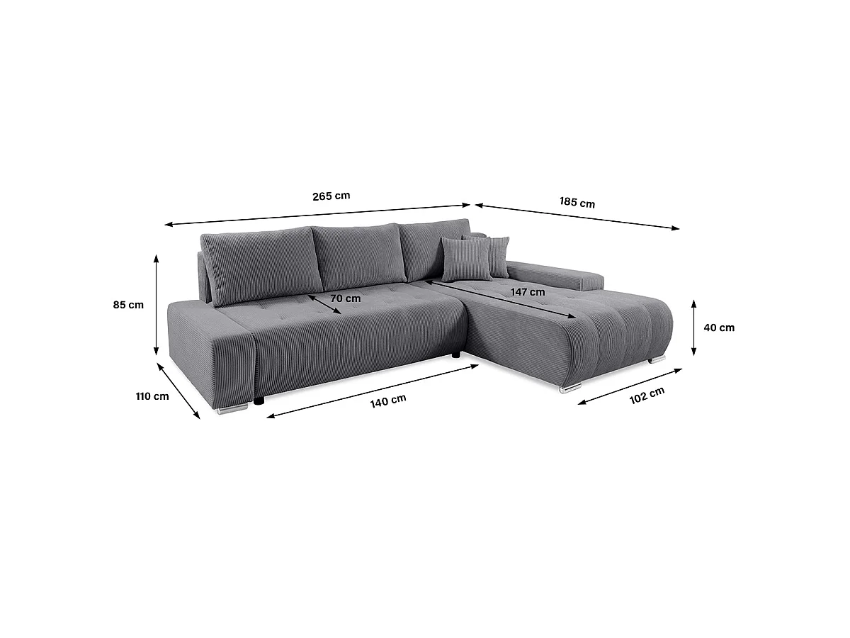 Canapé d'angle convertible 4 places avec coffre en velours gris