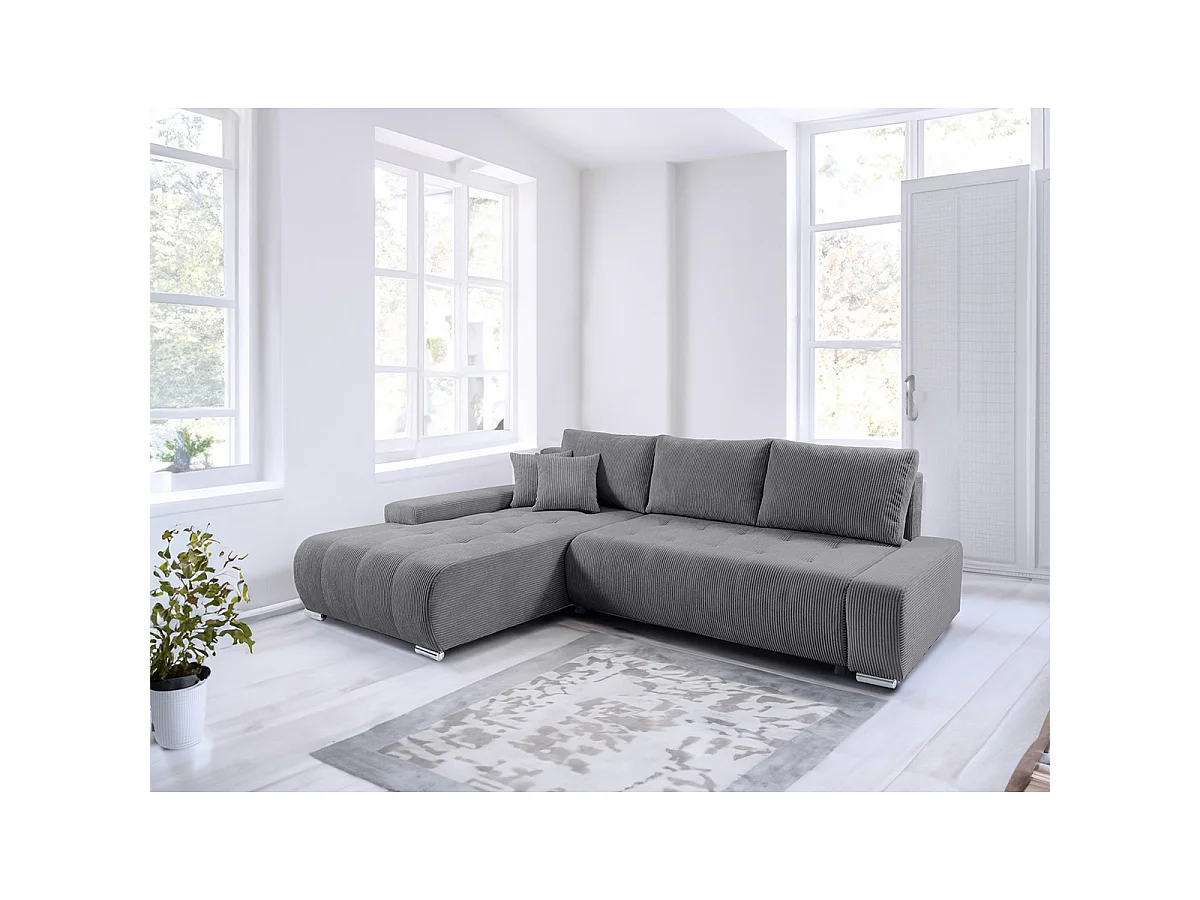 Canapé d'angle convertible gauche 4 places coffre Jonas velours côtelé Gris