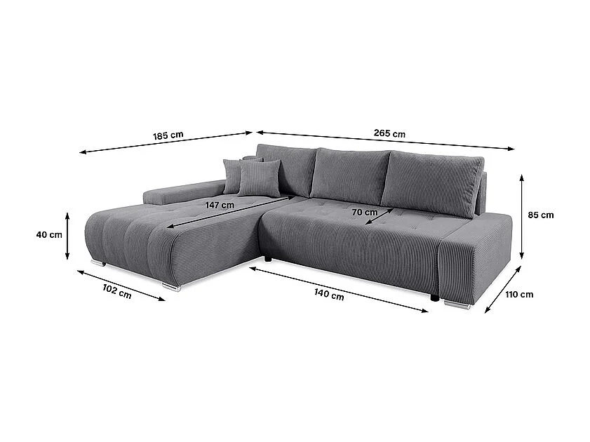 Canapé d'angle convertible gauche 4 places coffre Jonas velours côtelé Gris