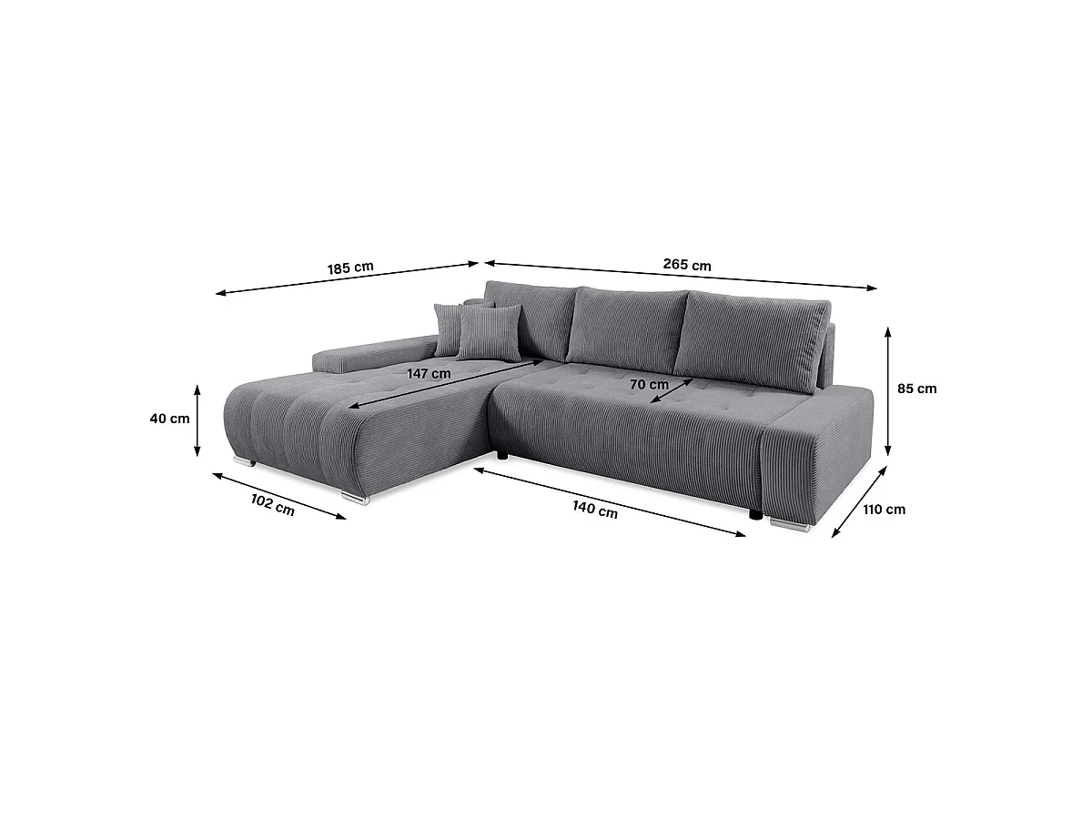Canapé d'angle convertible 4 places avec coffre en velours gris
