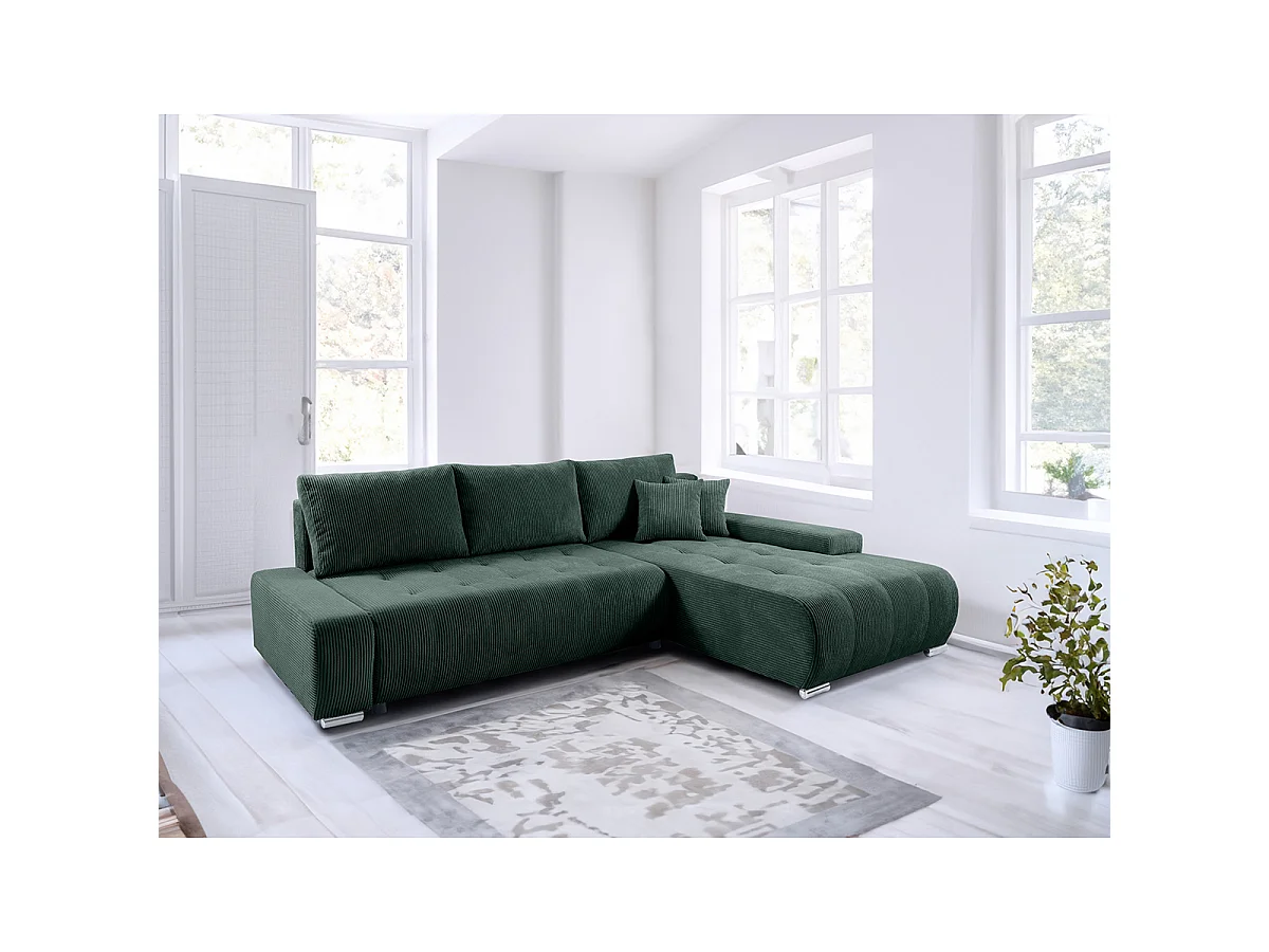 Canapé d'angle convertible droit 4 places coffre Jonas velours côtelé Vert Sapin