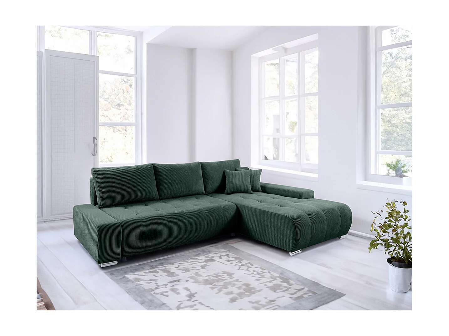 Canapé d'angle convertible droit 4 places coffre Jonas velours côtelé Vert Sapin