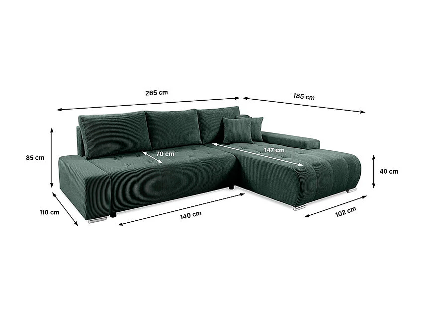 Canapé d'angle convertible droit 4 places coffre Jonas velours côtelé Vert Sapin