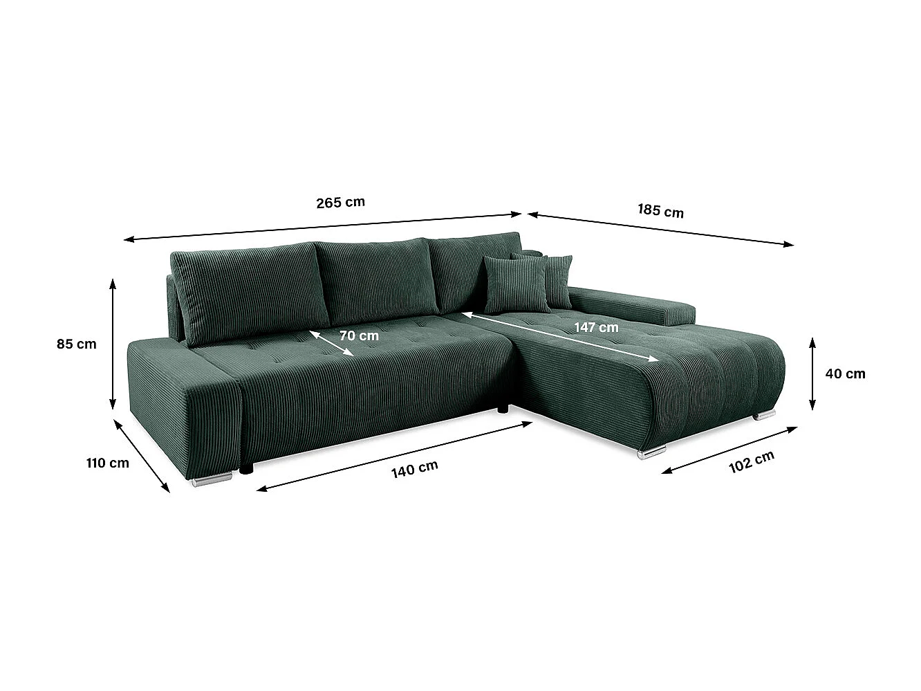 Canapé d'angle convertible droit 4 places coffre Jonas velours côtelé Vert Sapin