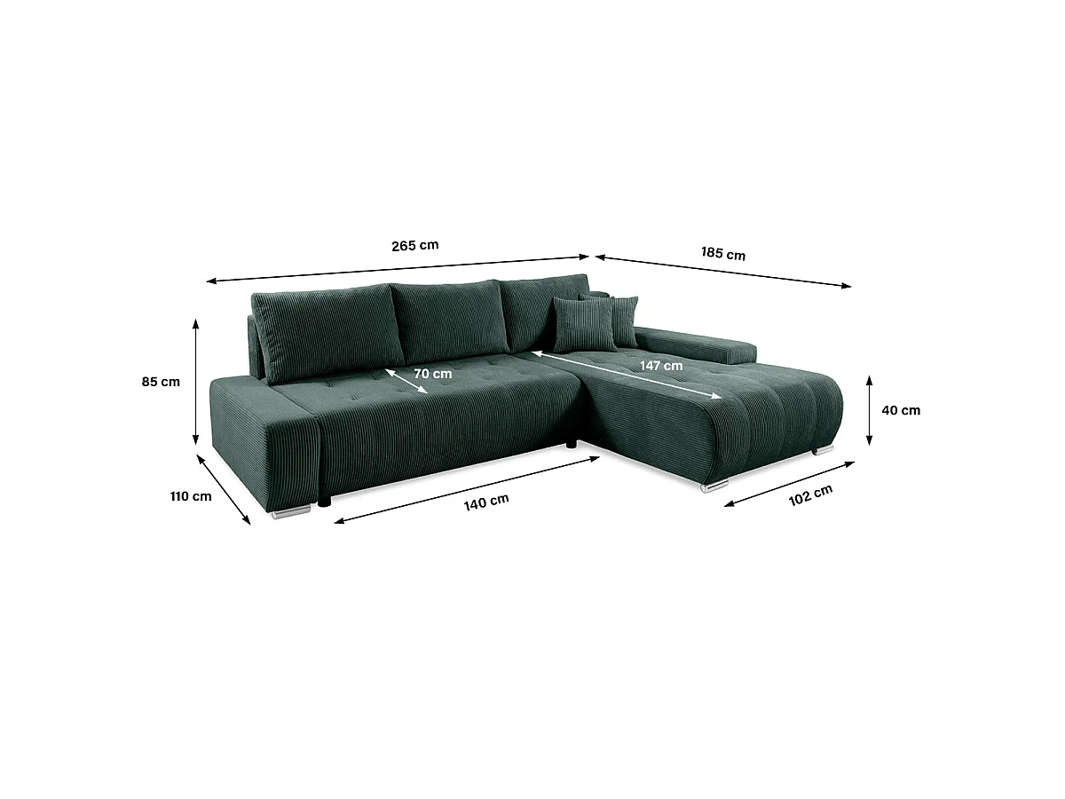 Canapé d'angle convertible 4 places avec coffre en velours vert