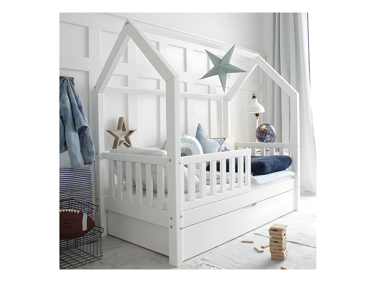 Cama cabaña 90x190 con barandilla somier y cajón Daisy Blanco