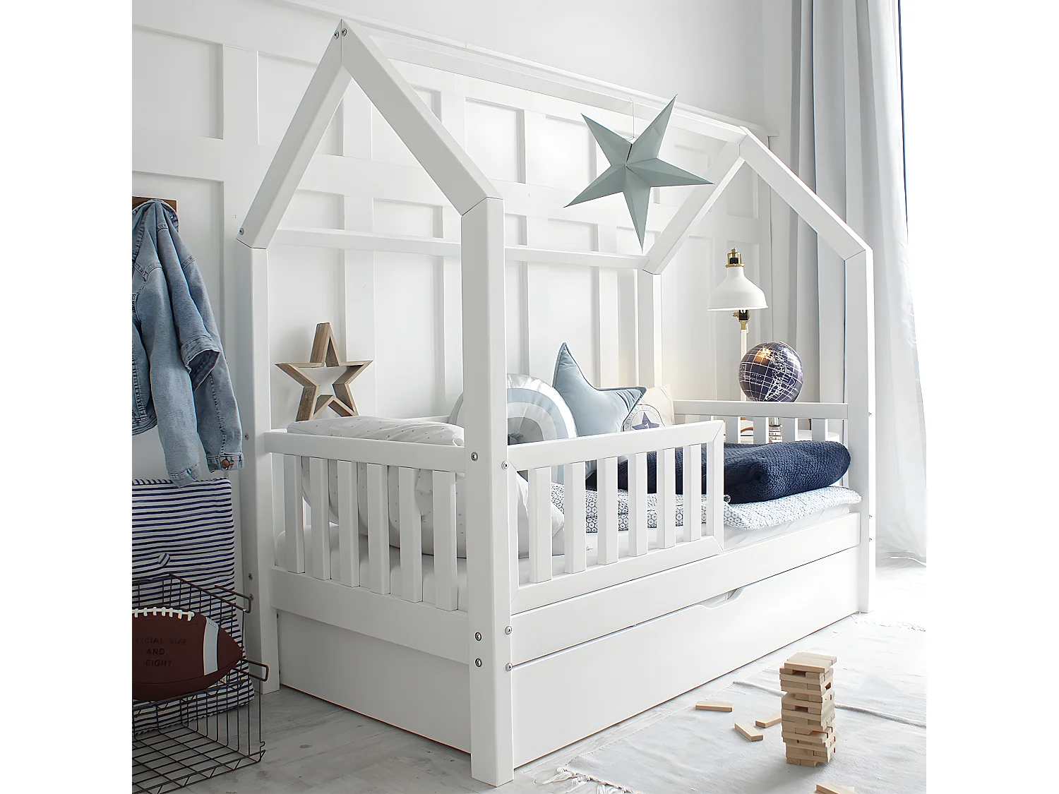 Lit cabane 90x190 barrière sommier et tiroir inclus Daisy Blanc