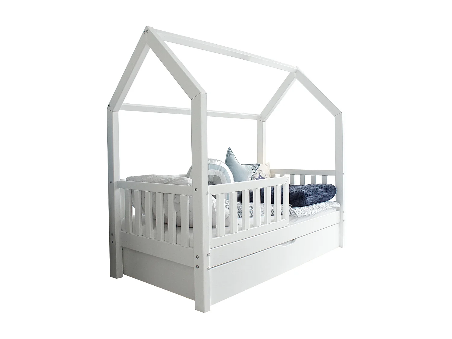 Lit cabane 90x190 barrière sommier et tiroir inclus Daisy Blanc