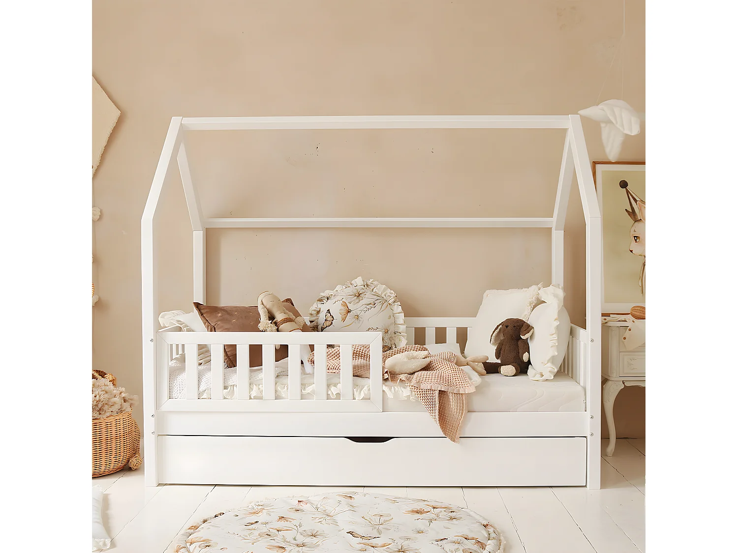 Lit cabane 90x190 barrière sommier et tiroir inclus Daisy Blanc