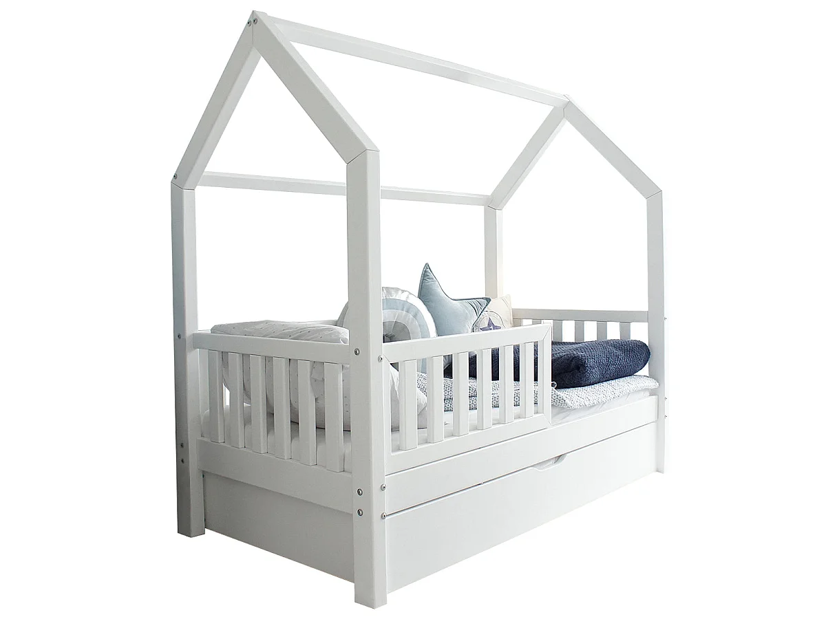 Lit cabane 90x190 barrière sommier et tiroir inclus Daisy Blanc
