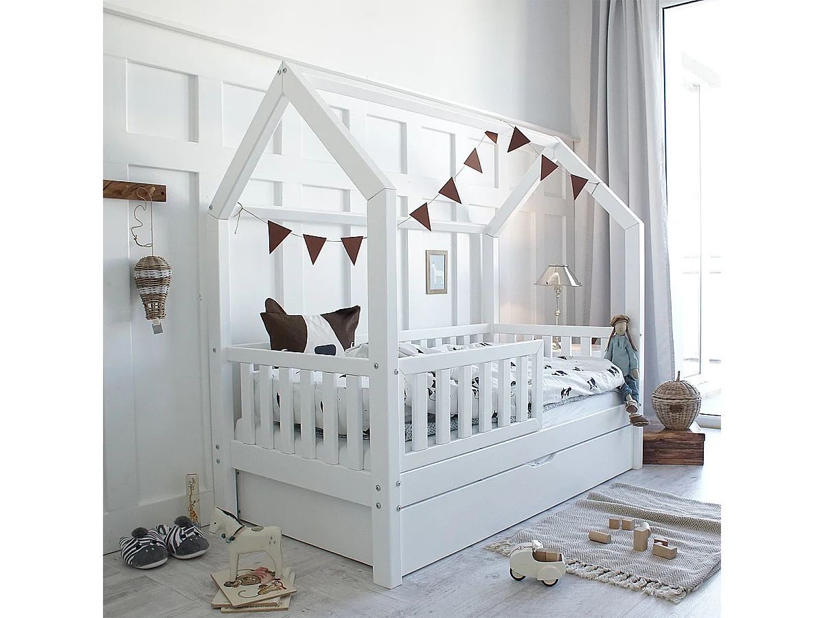 Lit cabane 90x190 barrière sommier et tiroir inclus Daisy Blanc
