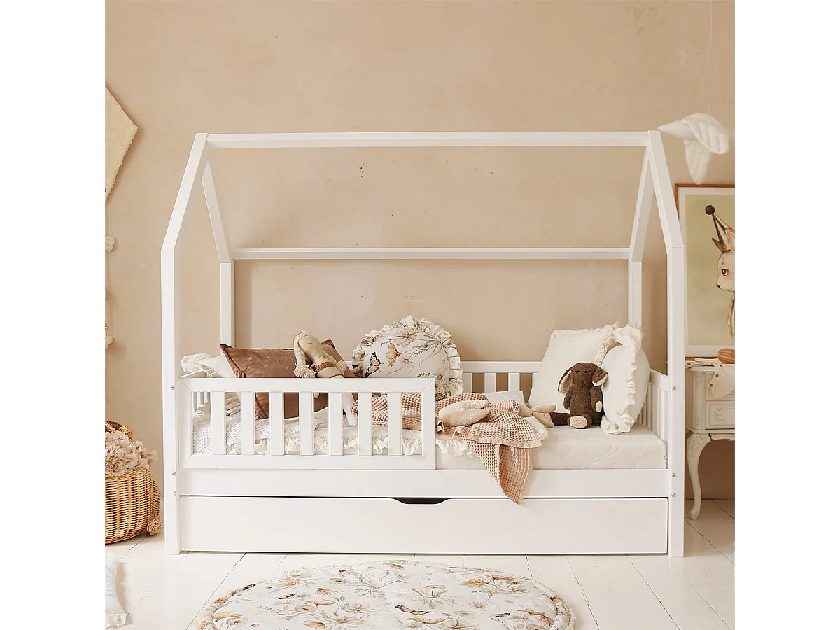 Lit cabane 90x190 barrière sommier et tiroir inclus Daisy Blanc